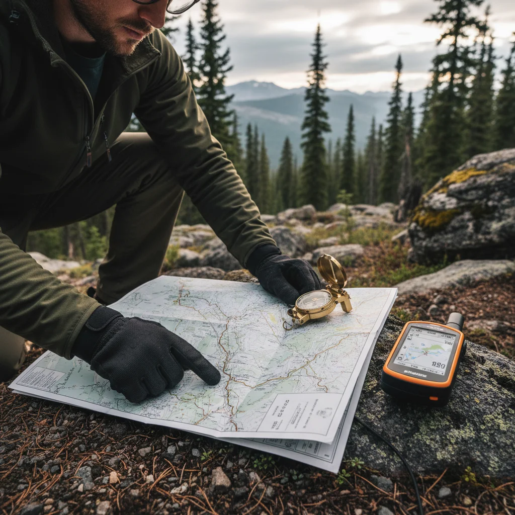 Person comparing paper map, compass, and GPS device