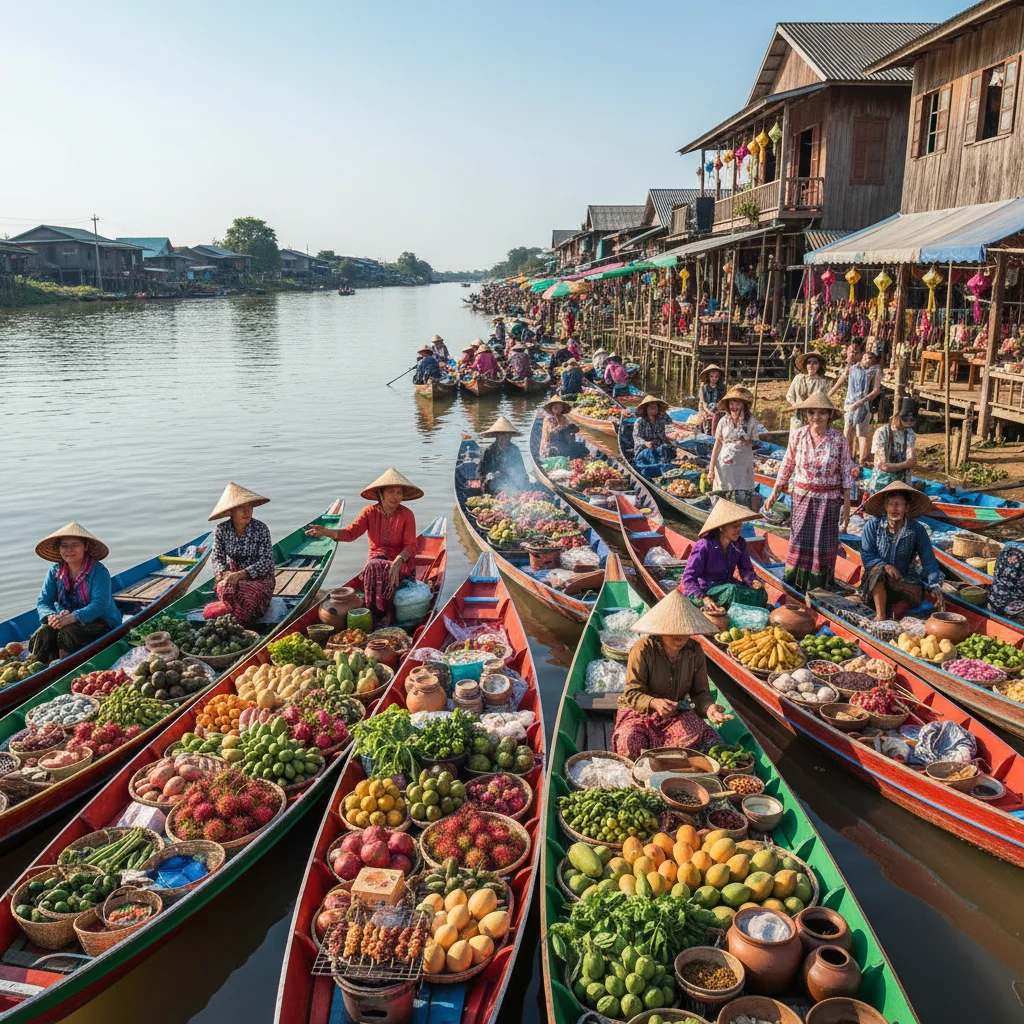 Vibrant market scene along Mekong River, showcasing local culture.