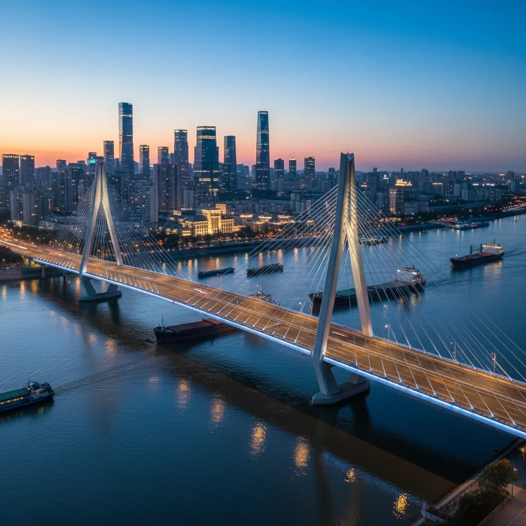 Modern cable-stayed bridge over urban river with city skyline