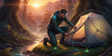 Modern hiker setting up an innovative tent in a serene wilderness landscape.