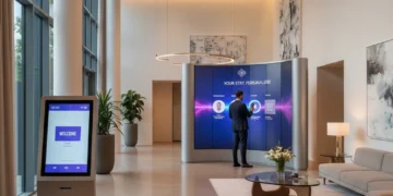 Modern hotel lobby with digital check-in and smart concierge