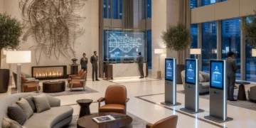 Modern hotel lobby with digital check-in and comfortable seating