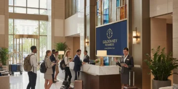 Modern hotel lobby with guests and a loyalty program display