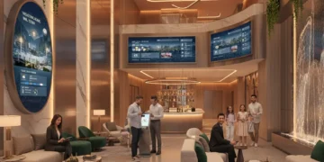 Modern hotel lobby showcasing innovative guest experiences and smart technology