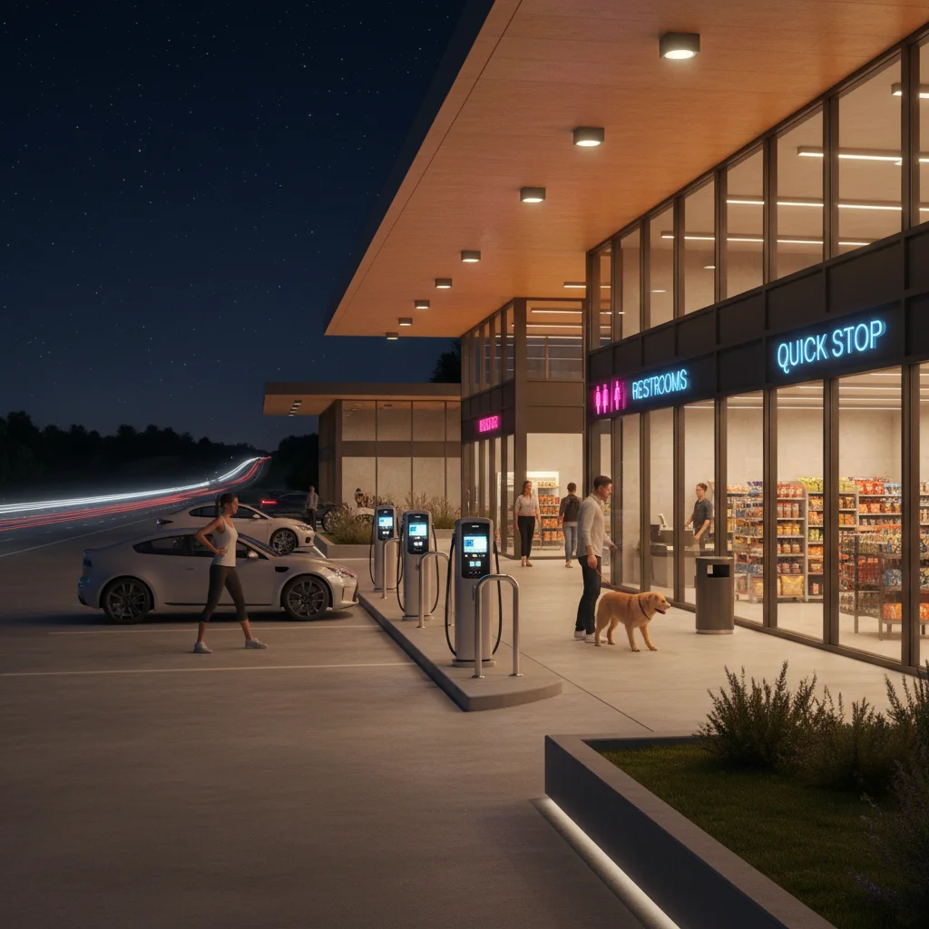 Modern rest stop with EV charging and clean facilities at night