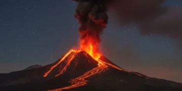Mount Etna erupting at dusk, lava flows glowing orange against the night sky.