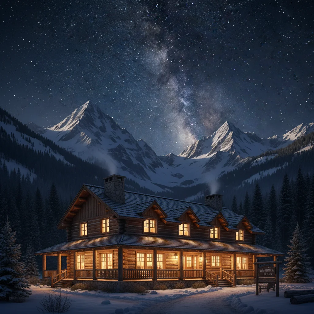 Cozy mountain lodge beneath star-filled night sky and towering forests.
