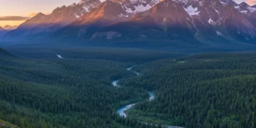 Panoramic sunrise over majestic mountain range with jagged peaks and lush valley.
