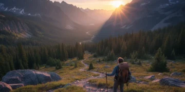 Sunrise over a national park backcountry trail with a lone hiker