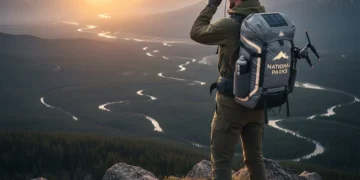 Hiker overlooking a scenic national park vista with upgraded National Parks gear