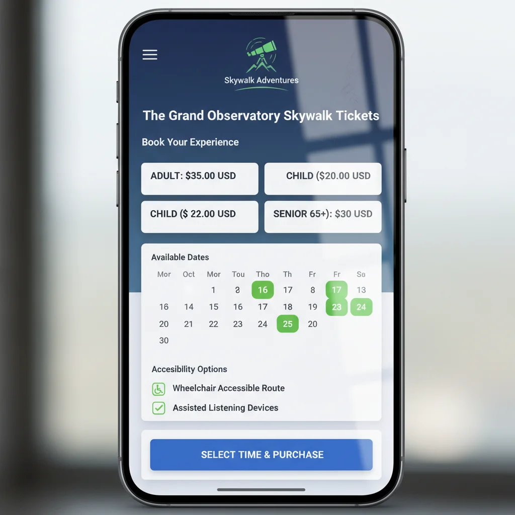 Smartphone displaying online booking for attraction, detailed options