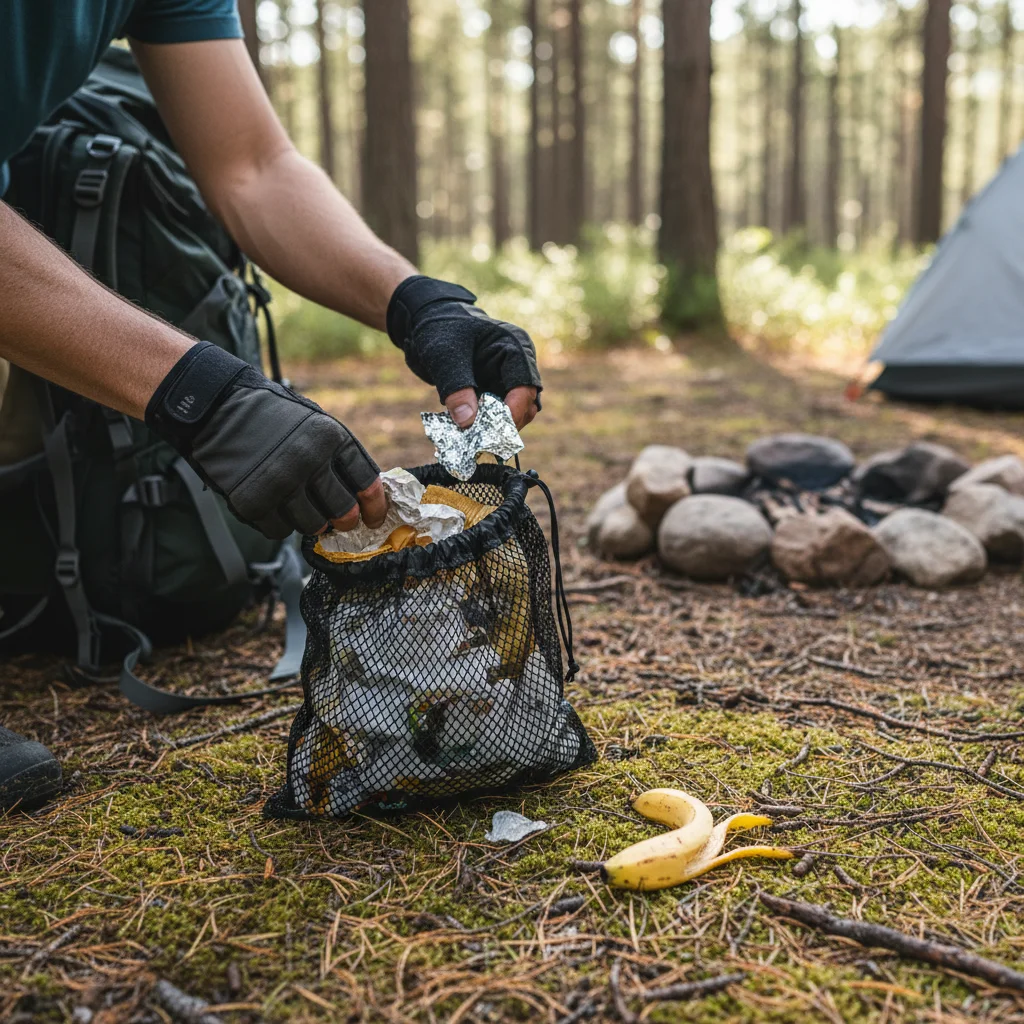 Hiker packing out all trash from campsite