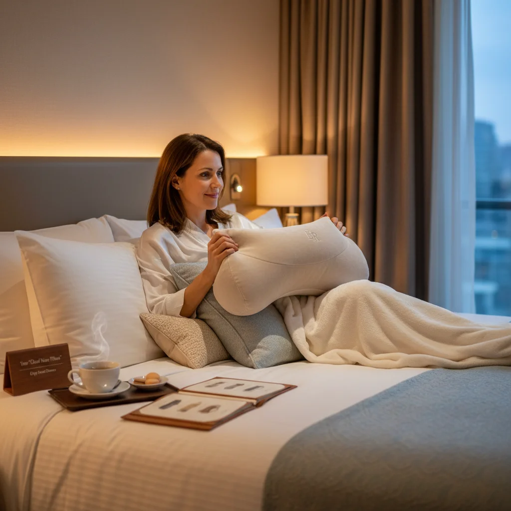 Guest with personalized pillow from hotel's pillow menu