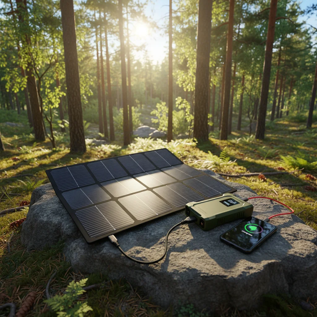 Portable solar panel charging devices in a sunny forest clearing.