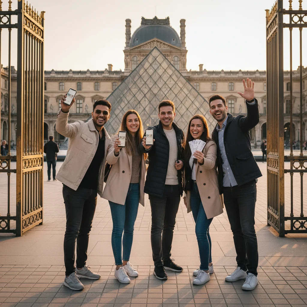 Happy visitors with pre-booked tickets entering a popular attraction, avoiding long queues.