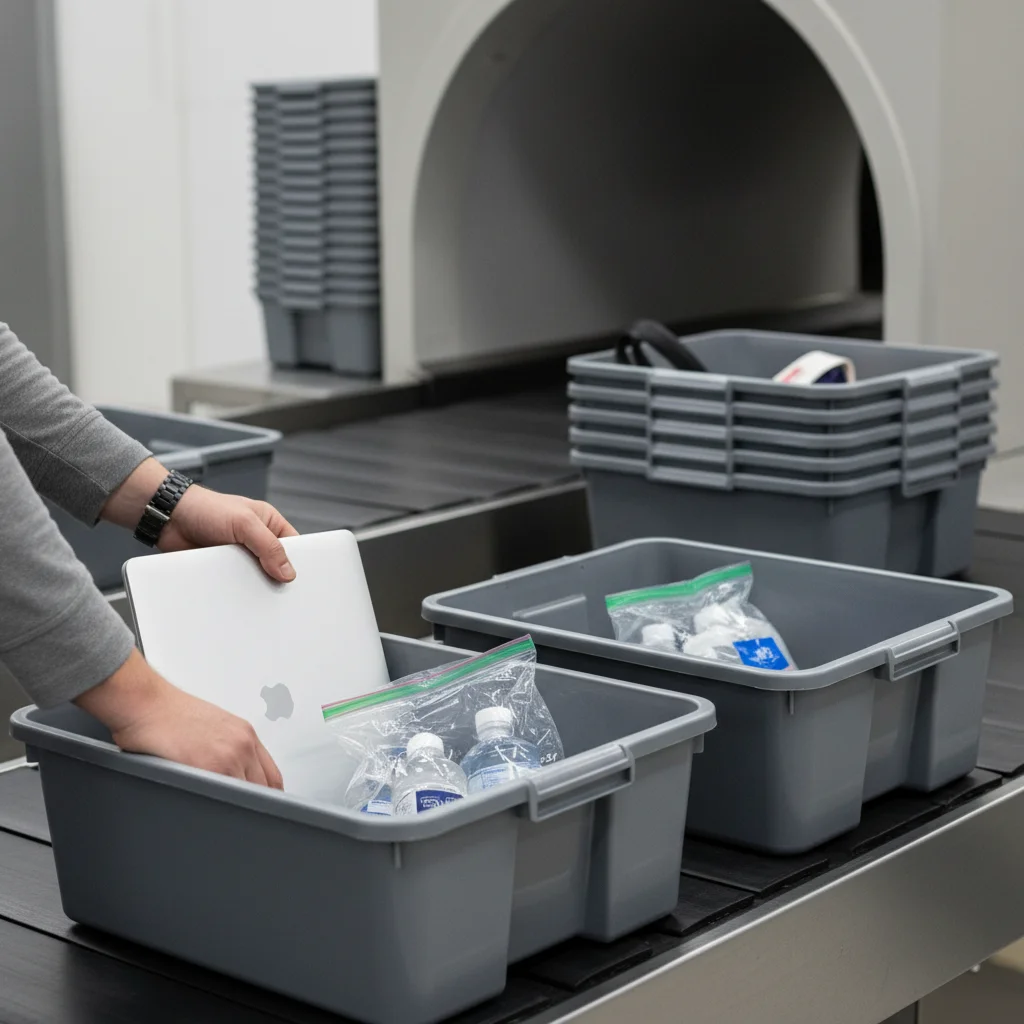 Traveler preparing electronics and liquids for airport security screening.
