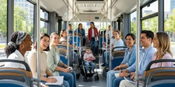 Diverse passengers enjoying a clean public bus journey, symbolizing efficient public transport savings.