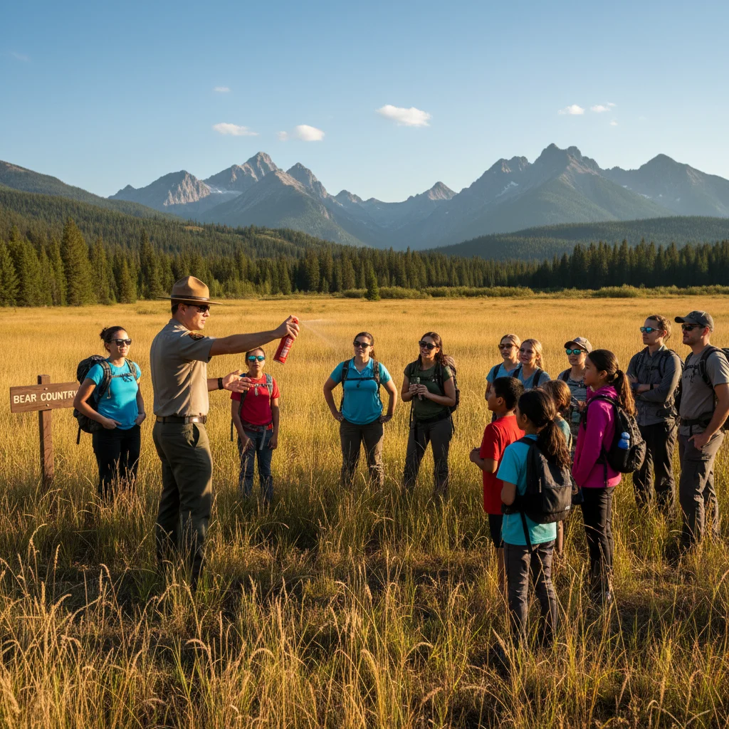 Park ranger demonstrating bear spray usage to visitors