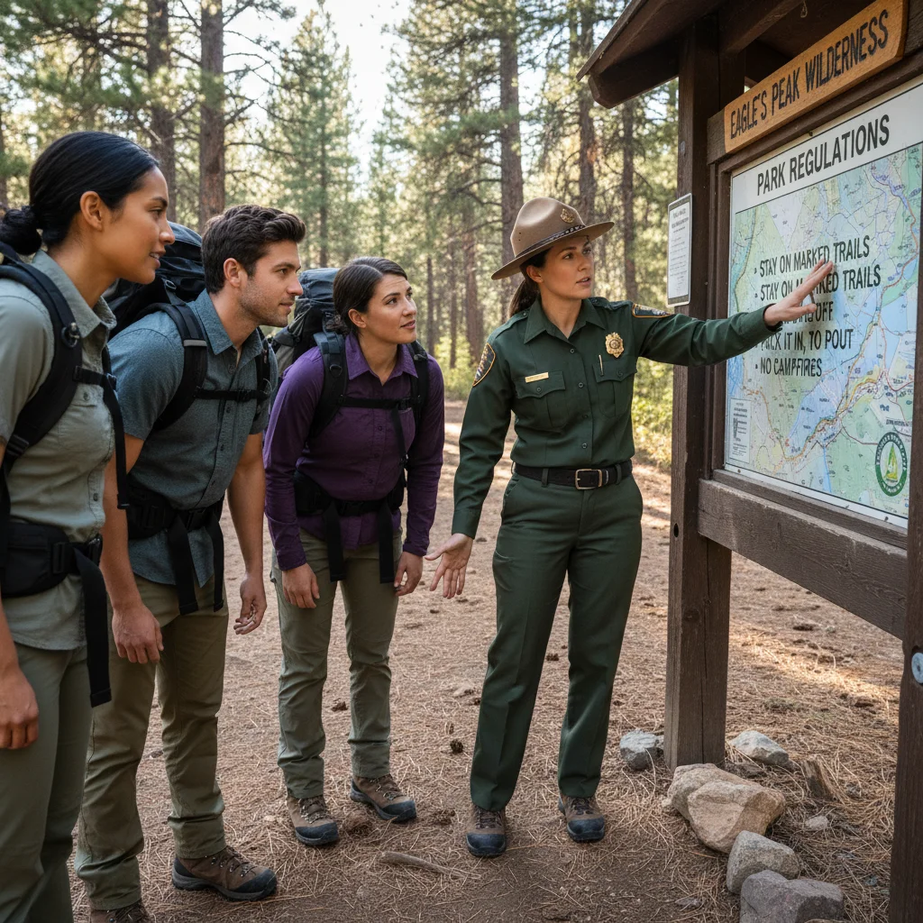 Park ranger explaining wilderness regulations to hikers at a trailhead.