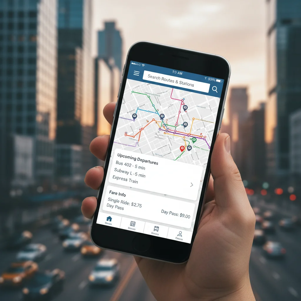 Public transport app showing real-time schedules and routes on a smartphone.