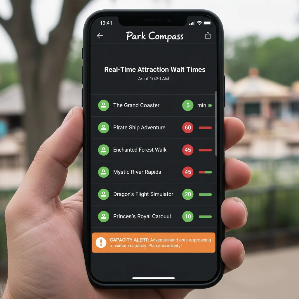 Smartphone app showing real-time attraction wait times and capacity alerts.