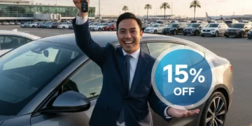 Smiling person with car keys in front of a modern rental car, symbolizing 15% savings.