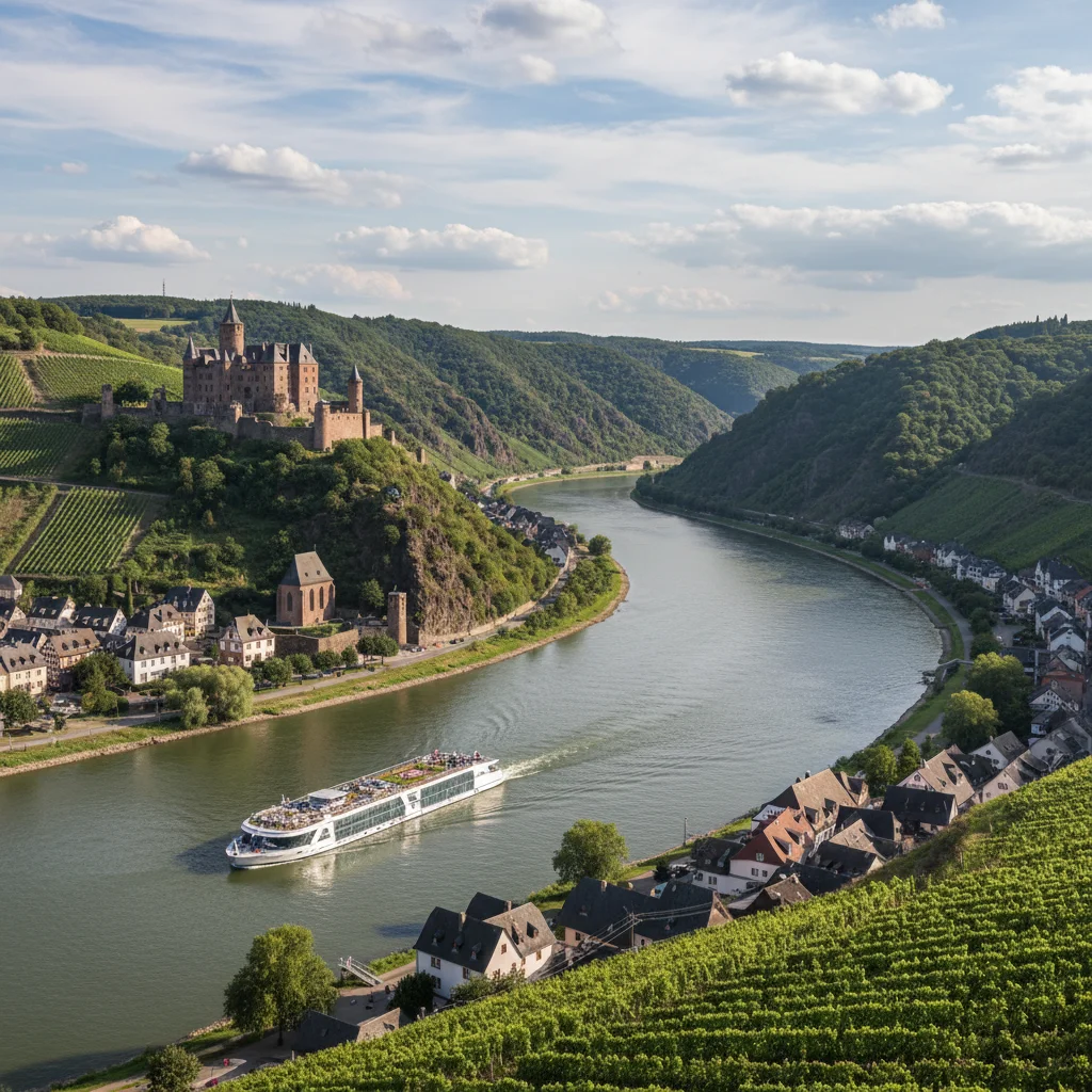 Historic castles overlooking the Rhine Gorge, a picturesque river cruise.