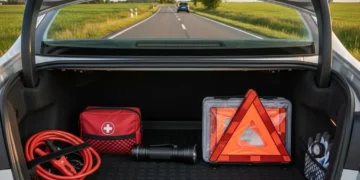 Well-stocked roadside emergency kit in a car trunk, ready for travel.