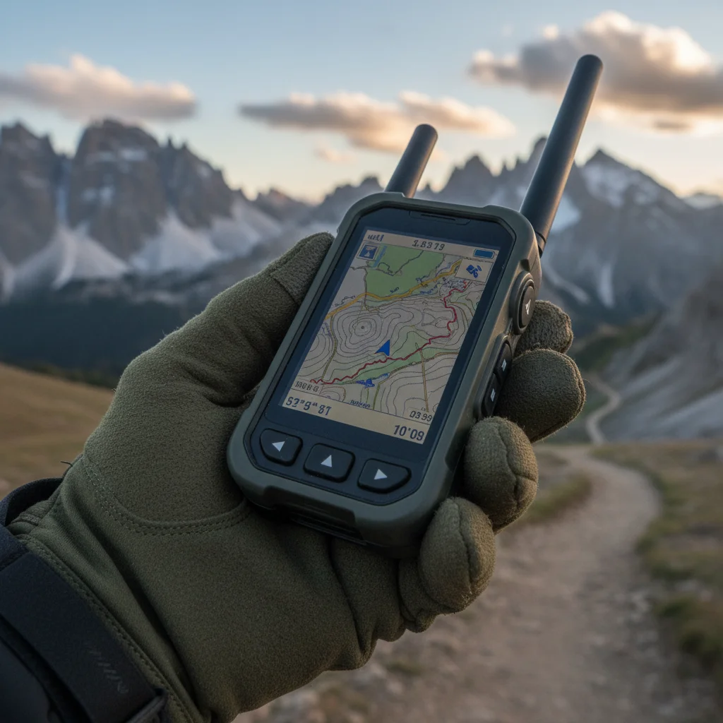 Hand holding advanced satellite communication device with GPS map in rugged terrain.