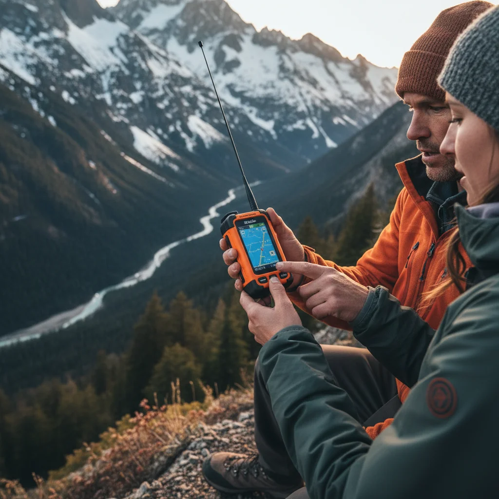 Hiker using satellite communicator in national park backcountry