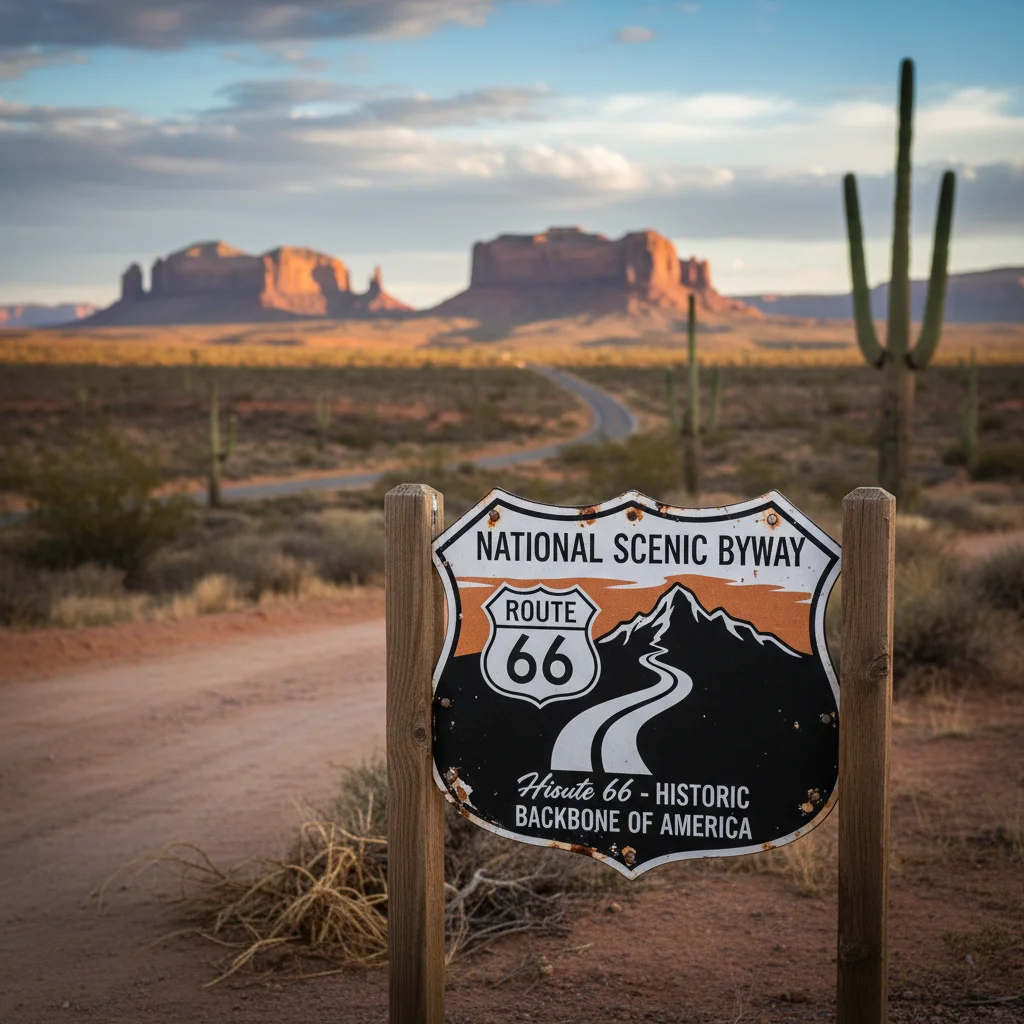 Official sign for a National Scenic Byway with desert landscape.