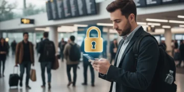 Traveler using smartphone securely at airport