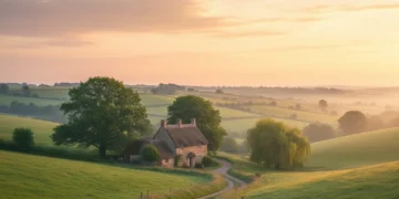 Serene countryside landscape with rolling hills and a charming farmhouse at sunrise.