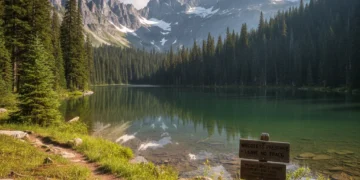 Scenic mountain lake with pine forests, symbolizing wilderness regulations and conservation efforts.