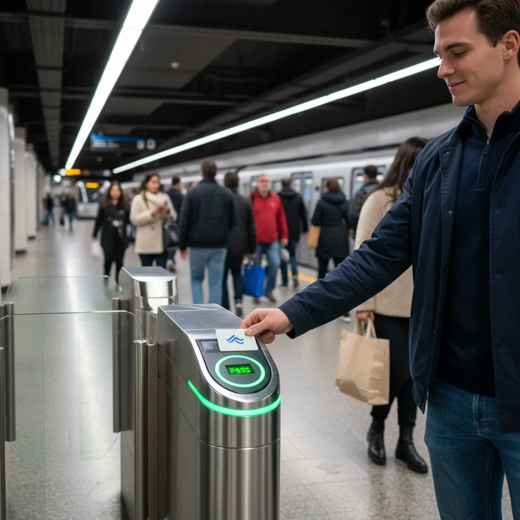 Commuter tapping smart card at subway turnstile for easy access.