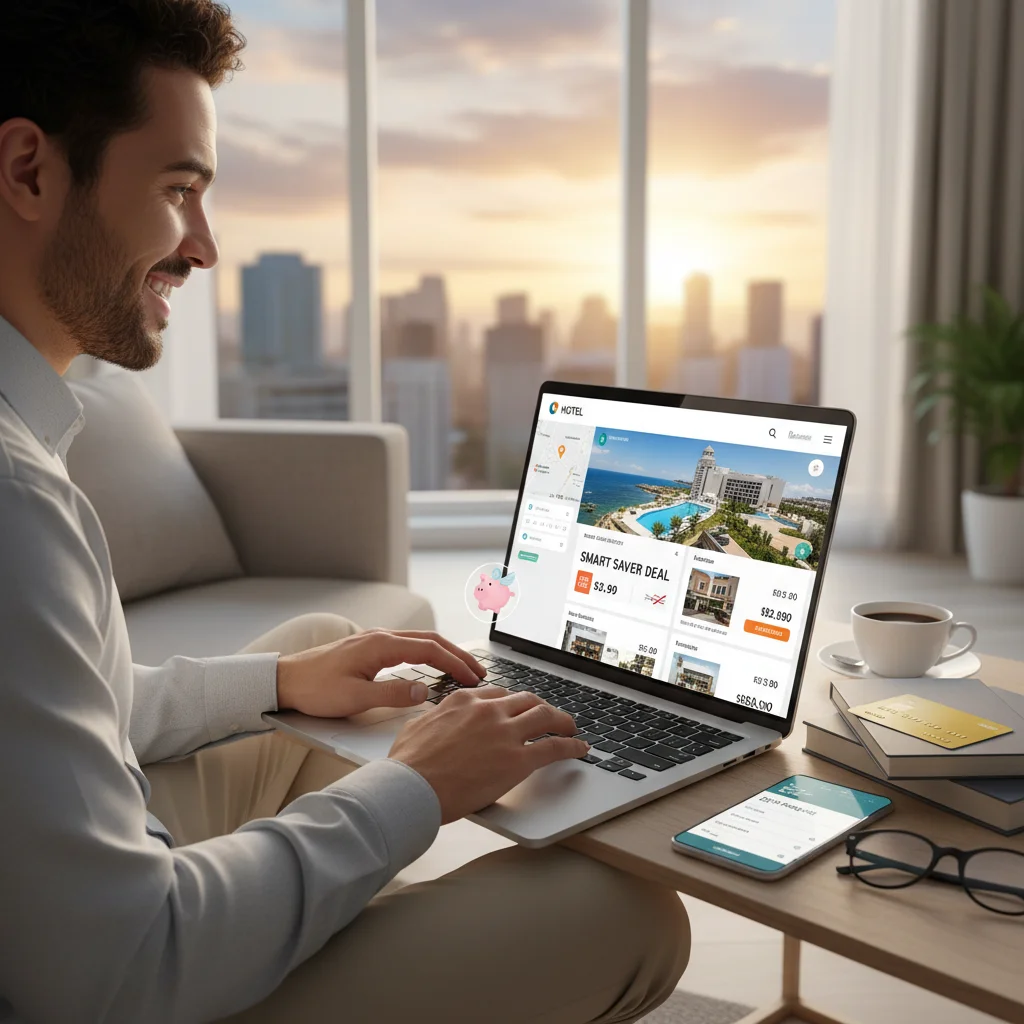 Person booking a hotel online, focusing on smart reservation techniques.