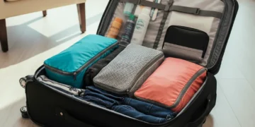 Open carry-on suitcase with rolled clothes and packing cubes, ready for smart travel.