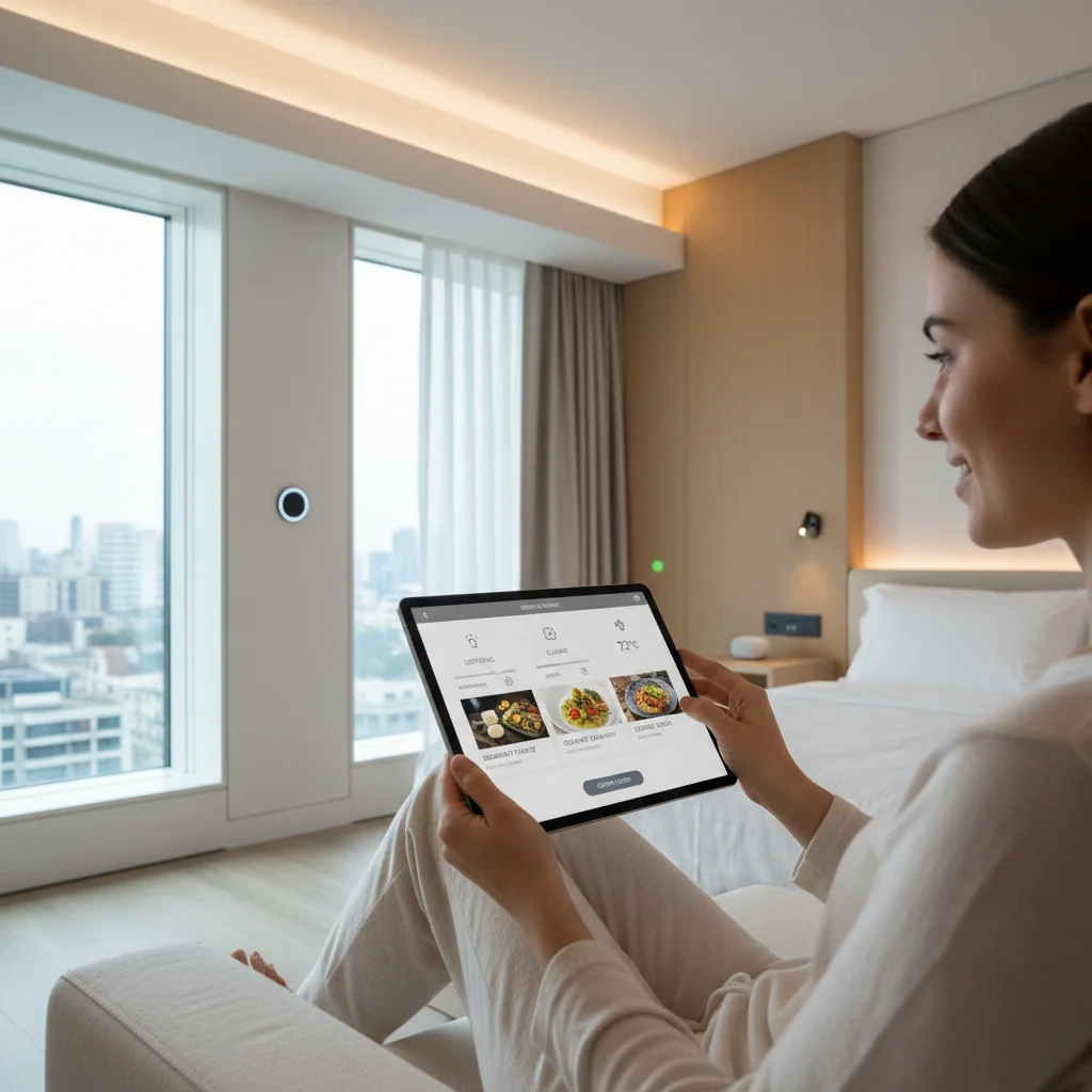 Guest using smart room tablet for personalized control and services