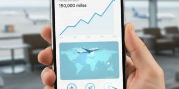 Smartphone displaying airline miles program with increasing points and world map