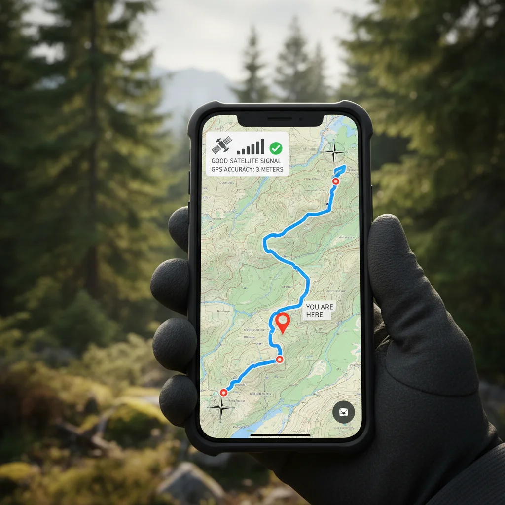 Smartphone displaying topographical map with GPS route