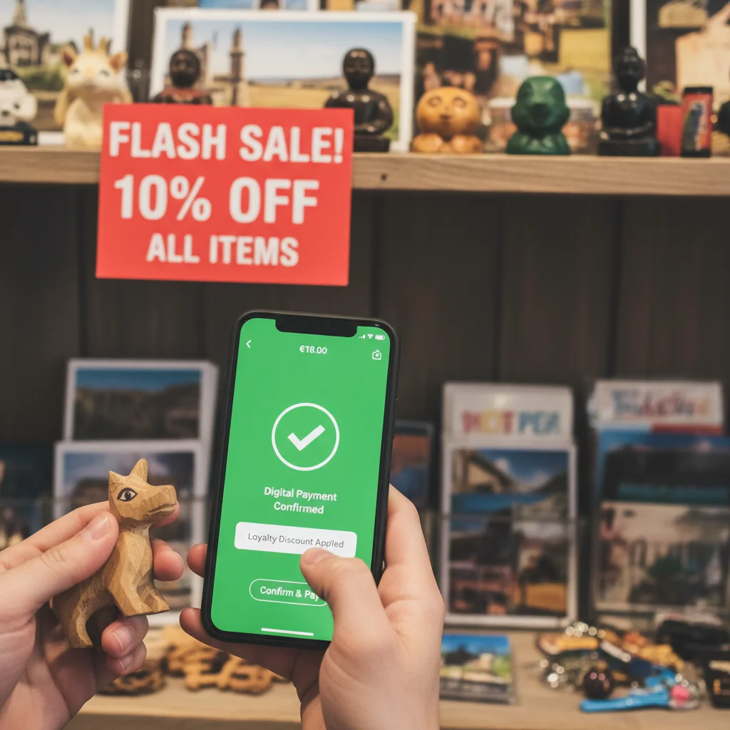 Person paying for a souvenir with a mobile app, showing smart spending at an attraction gift shop.