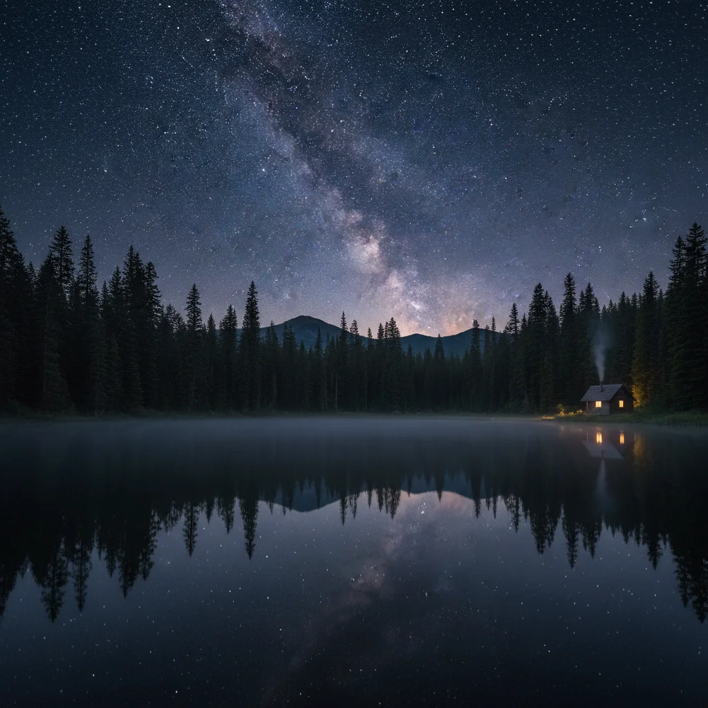 Starry night sky reflecting on a calm lake in a quiet national park