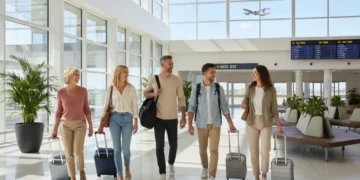 Happy travelers with carry-on bags at a modern airport terminal, avoiding baggage fees.