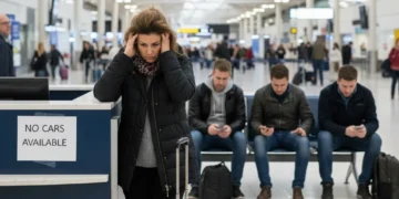Stressed traveler at empty rental car counter due to shortage