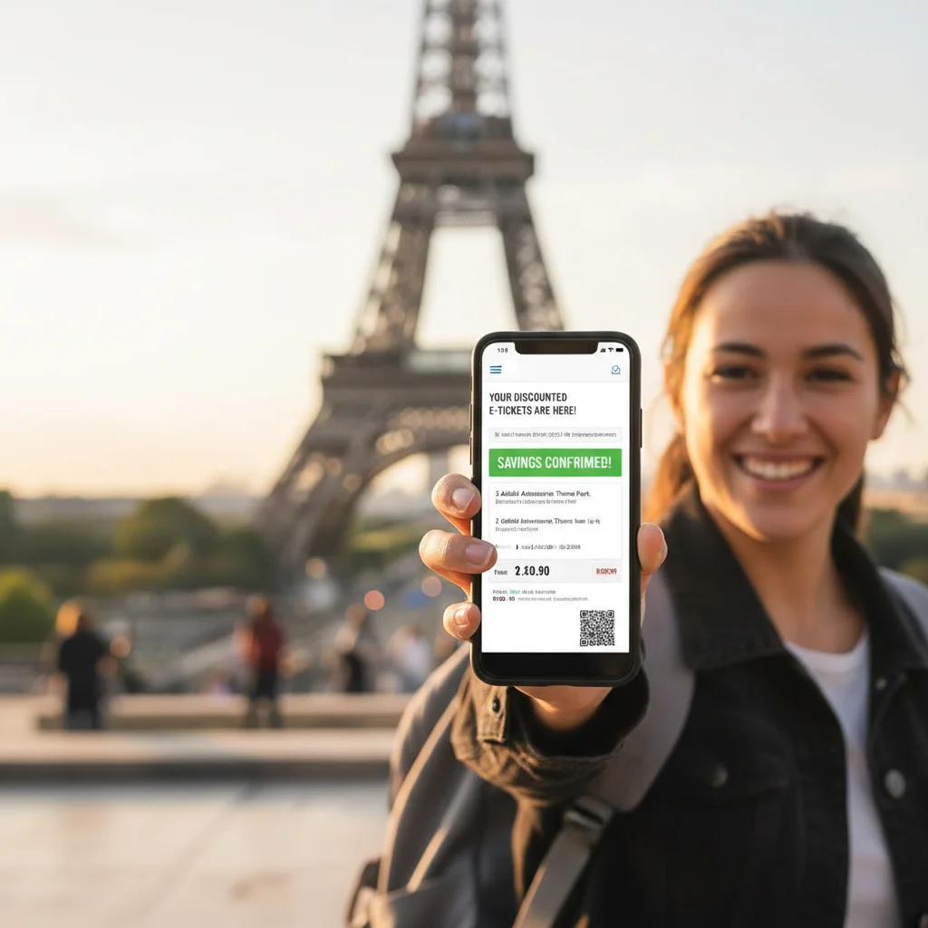 Happy traveler viewing discounted e-tickets on a smartphone.