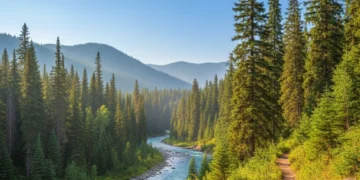 Panoramic view of a vibrant national forest in summer with a river and hiking trail.