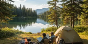 People enjoying a clean, sustainable campsite by a lake