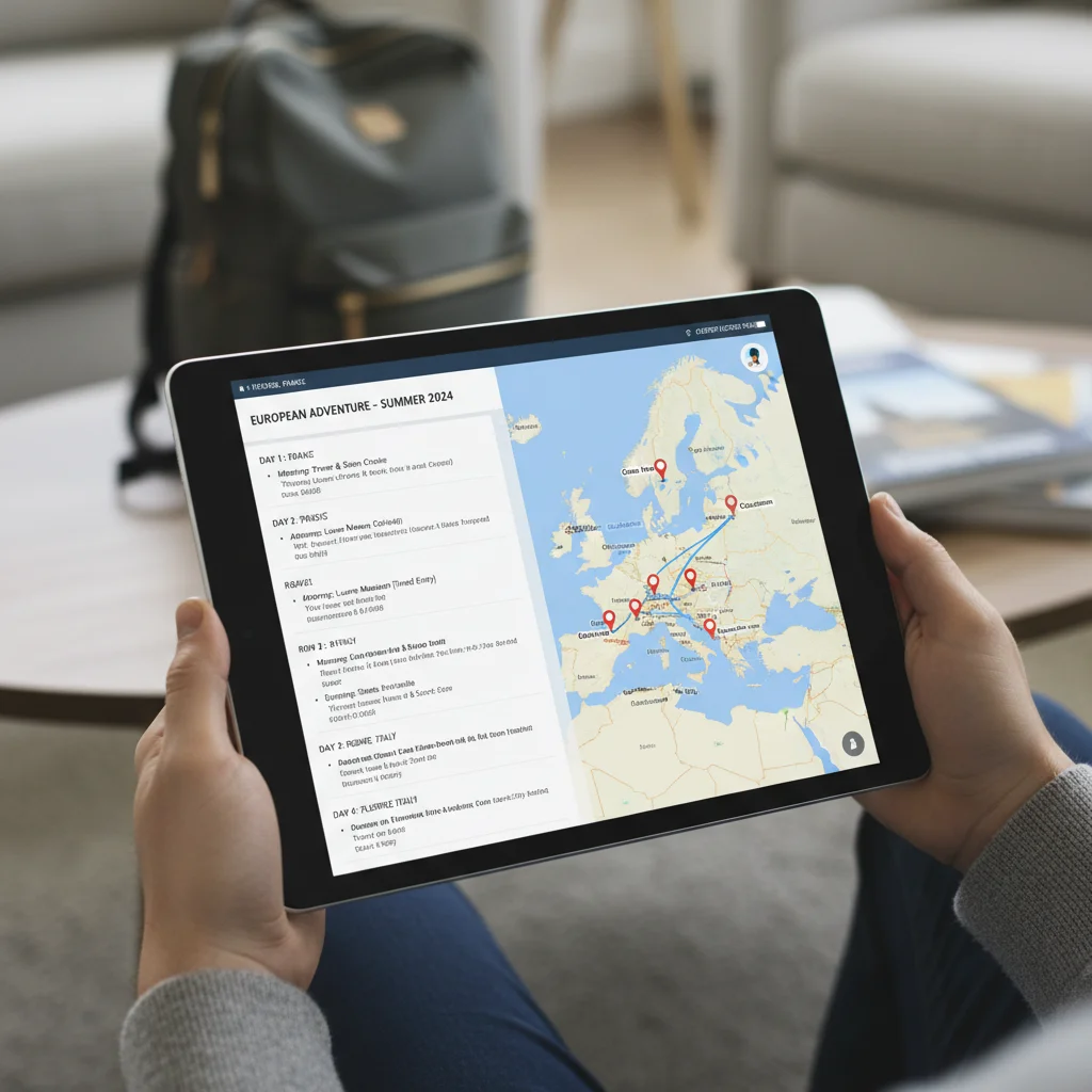 Tablet displaying detailed travel itinerary and map