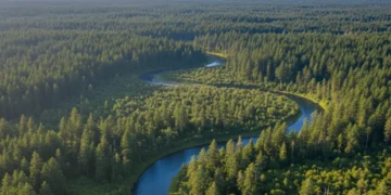 Panoramic view of a dense, verdant temperate rainforest wilderness