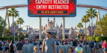 Digital sign at a busy theme park entrance indicating capacity reached, with families nearby.